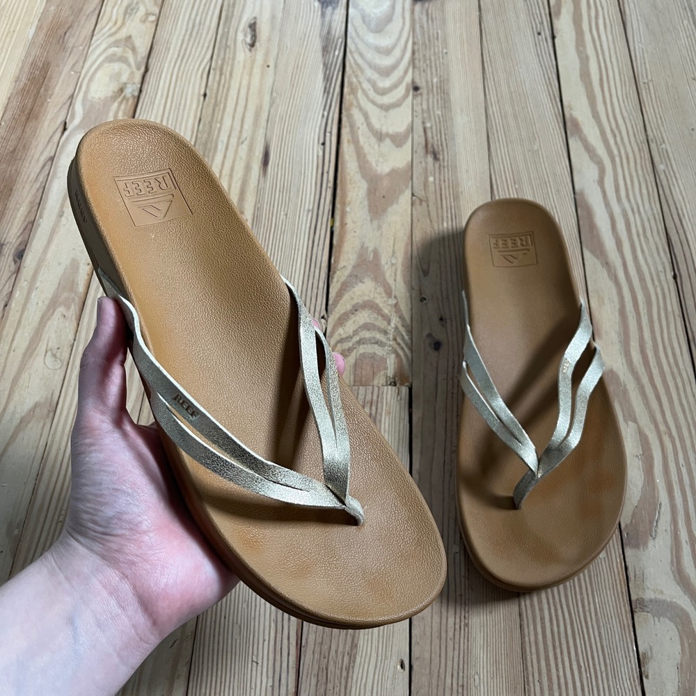 Reef Cushion Spring Joy Sandals Womens 10 Gold Metallic Double Strap Flip Flops